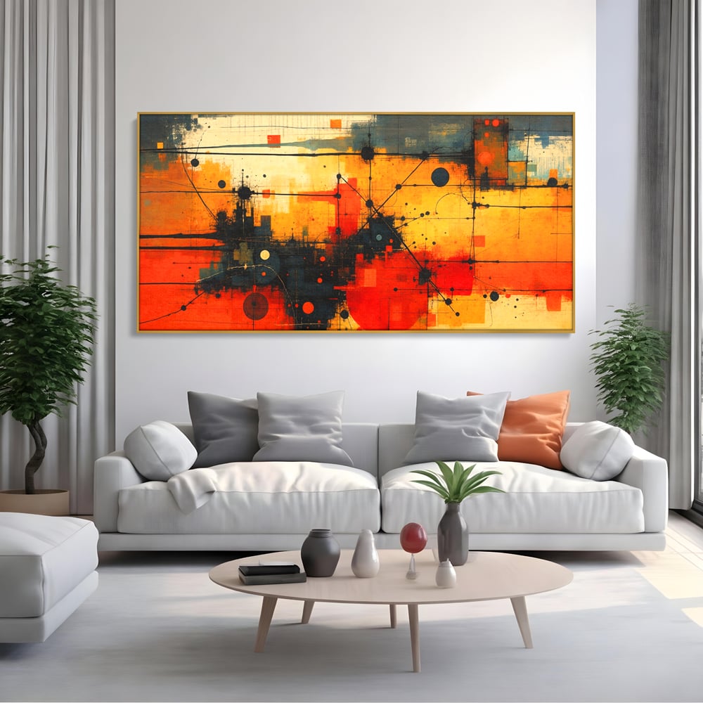 Tablou canvas cu tablou canvas cu compozitie abstracta geometrica, in rama de aluminiu auriu, pe perete intr-un living